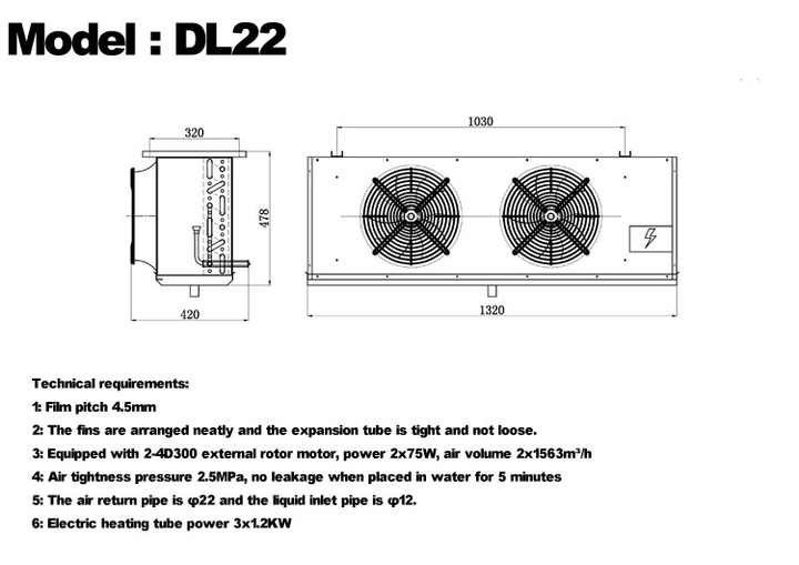 Enfriador de unidad DL serie DL22 certificación CE enfriador de aire personalizado evaporador de almacenamiento en frío 3HP evaporador de techo, adecuado para refrigeración de almacenes, cámara frigorífica, almacenamiento en frío de verduras
